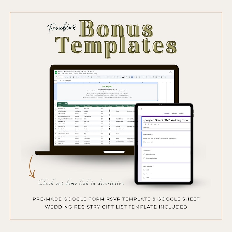 Puede incluir: Imagen digital que muestra una computadora port&aacute;til y una tableta que muestran Google Sheets y un formulario de RSVP de boda. El texto dice "Freebies Bonus Templates" y "Check out demo link in description". Incluye una plantilla de RSVP de Google Form prefabricada y una plantilla de lista de regalos de registro de bodas de Google Sheet.