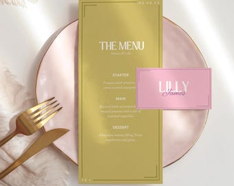 Szablon menu na kolację weselną w stylu retro, kolorowy, nowoczesny motyw, edycja w Canva, minimalistyczny projekt kolacji weselnej, imienne etykiety, pobieranie cyfrowe