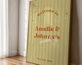 Retro Hochzeit Willkommen Schild Vorlage, buntes funky Design, Canva, lustiger Empfang Beschilderung, moderne Hochzeit, digitaler Download
