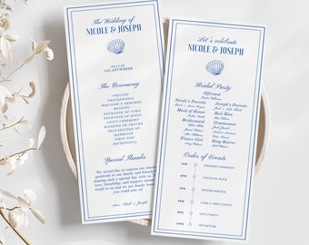 Beach seashell wedding program template, Minimal order of service, coastal ceremony timeline, edit Canva, summer wedding, digital download
