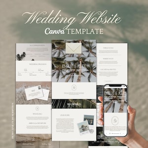 May include: A wedding website Canva template with a palm tree background. The website design includes sections for accommodation, wedding program, travel, and the couple's story. A smartphone displays the website design. Text includes "Wedding Website Canva TEMPLATE".
