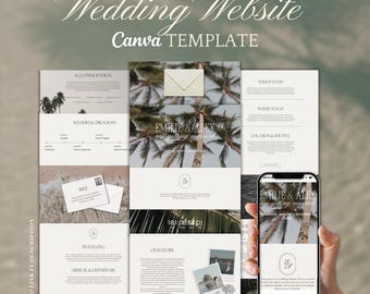 Plantilla de sitio web para bodas en la playa, diseño minimalista personalizable en Canva, elegancia oceánica, boda de destino de lujo con dinero antiguo, cena de ensayo