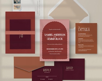 Bold Retro Wedding Invitation Template, Colorful Vintage Design, Brown Maroon Purple Wedding Invite, Unique Arch, Canva Digital Download