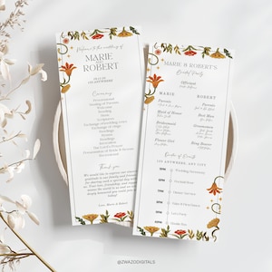 May include: A wedding ceremony program with floral illustrations and gold accents. The program includes the names Marie and Robert, the wedding date, and the order of events. The program is printed on white paper with a floral border.