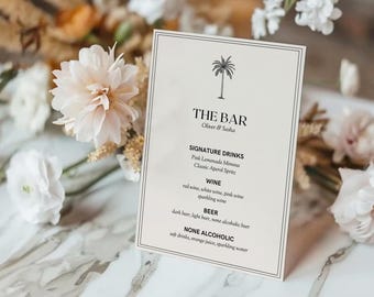Modelo de placa de bar para casamento com palmeiras, menu tropical, editável no Canva, casamentos de verão, coquetéis e recepções, download digital