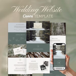 Pode incluir: Um modelo Canva de site de casamento com um design minimalista. O layout apresenta seções para acomodação, programa de casamento e a história do casal. Um smartphone exibe o site à direita. O texto inclui "Emilie & Alex are married."