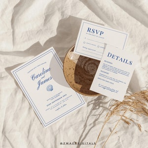 Coastal Wedding Invitation Suite with QR Code, Beach Wedding, Tropical Wedding, Blue Shell Invitation, Destination Wedding, Ocean, CANVA