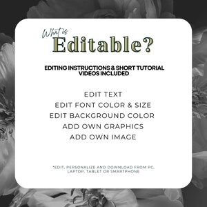 Pode incluir: Um quadrado branco com cantos arredondados apresenta a pergunta "O que &eacute; edit&aacute;vel?" em uma fonte de script. O texto descreve as op&ccedil;&otilde;es de edi&ccedil;&atilde;o: texto, fonte, fundo, gr&aacute;ficos e imagens. Instru&ccedil;&otilde;es de edi&ccedil;&atilde;o e tutoriais em v&iacute;deo est&atilde;o inclu&iacute;dos.