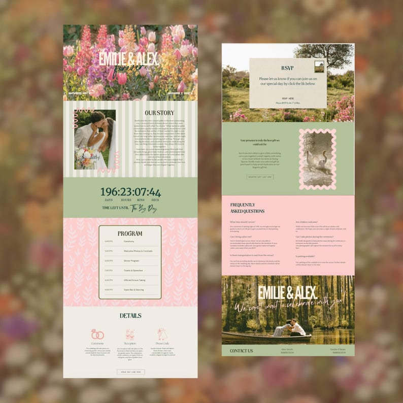 Puede incluir: Dise&ntilde;o de sitio web de boda con tema floral. El dise&ntilde;o incluye secciones para la historia de la pareja, detalles del programa e informaci&oacute;n de RSVP. La paleta de colores es suave, con tonos rosas, verdes y beige. El sitio web presenta los nombres "Emilie & Alex" y el texto "We can't wait to celebrate with you."
