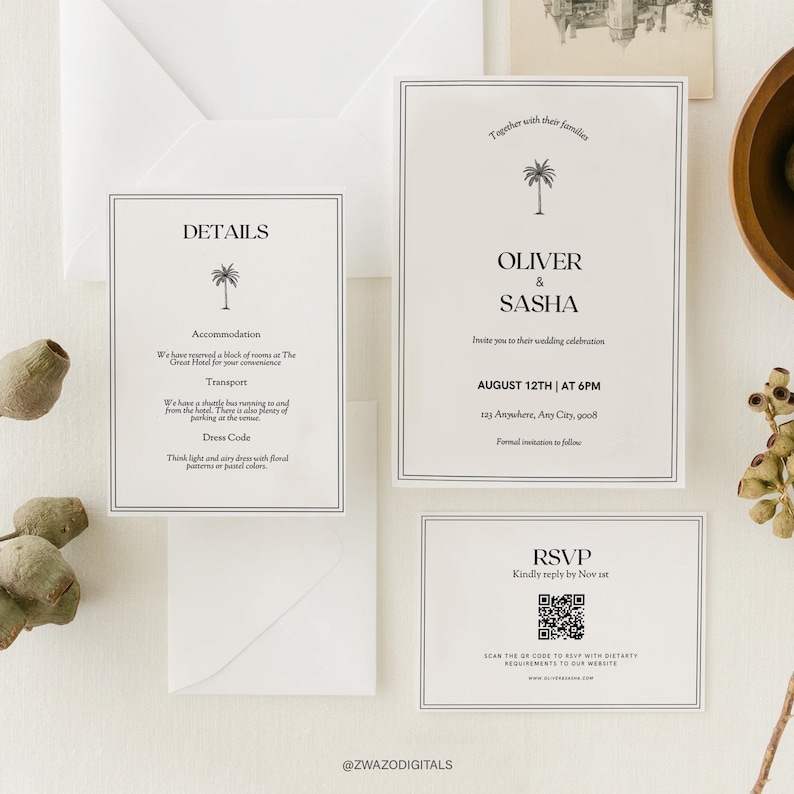 Palm Tree Wedding Invitation Template, Tropical Coastal Design, Summer