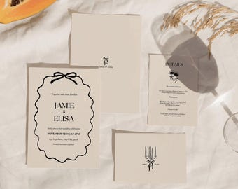 Bow Wedding Invitation Suite Template, Elegant Ribbon Design, Modern Minimal Invite Set, Canva, Classic Romantic Wedding, Digital Download