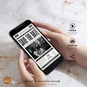 May include: Black and white mobile phone screen displaying a save the date announcement for a wedding. The announcement is styled like a newspaper headline with the text "Breaking News" and "Save the Date". The announcement includes the couple's names, the date "June 12", and the location "Anywhere, ST, US".