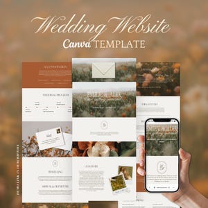 Könnte beinhalten: Eine Canva-Vorlage für eine Hochzeitswebsite mit einer warmen, neutralen Farbpalette. Das Design umfasst Abschnitte für Unterkünfte, das Hochzeitsprogramm und Aktivitäten. Ein Smartphone zeigt die Website an.