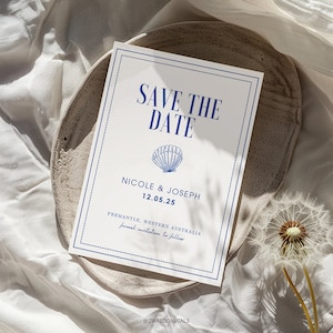 Strandhochzeit, Tropische Hochzeit, Küstenhochzeit, Hochzeitseinladung, Blaue Muschel, Hochzeitseinladung, Ozean, Canva