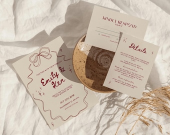 Bow Wedding Invitation Suite Template, Elegant Ribbon Design, Modern Minimal Invite Set, Canva, Classic Romantic Wedding, Digital Download