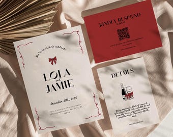 Bow Wedding Invitation Suite Template, Elegant Ribbon Design, Modern Minimal Invite Set, Canva, Classic Romantic Wedding, Digital Download