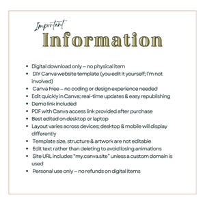 Puede incluir: Descarga digital con el t&iacute;tulo "Informaci&oacute;n Importante" en una fuente decorativa. La imagen enumera detalles sobre una plantilla de sitio web de Canva, incluyendo sus caracter&iacute;sticas e instrucciones de uso. El fondo es de color blanco roto.