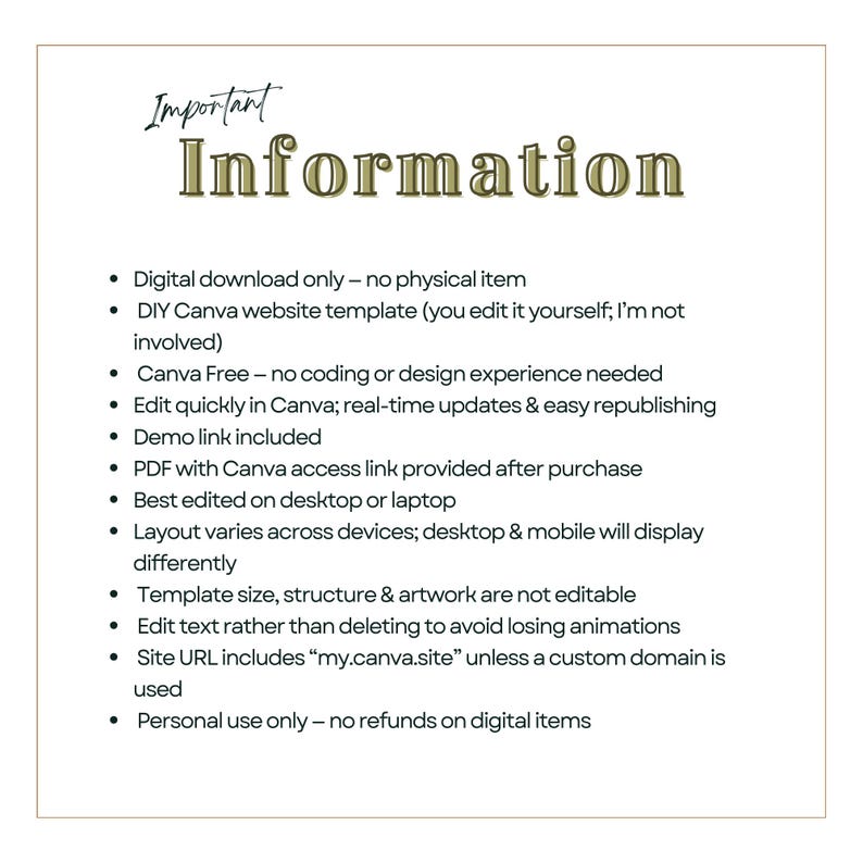 Puede incluir: Descarga digital con el t&iacute;tulo "Informaci&oacute;n Importante" en una fuente decorativa. La imagen enumera detalles sobre una plantilla de sitio web de Canva, incluyendo sus caracter&iacute;sticas e instrucciones de uso. El fondo es de color blanco roto.