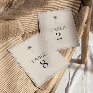 Modelo de número de mesa de casamento de palmeira, cartão de número de praia tropical, casamento de destino, cartões de jantar minimalistas para impressão, editar Canva