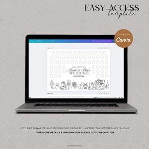 Pode incluir: Um laptop exibe um modelo de casamento com uma grade de c&iacute;rculos e ilustra&ccedil;&otilde;es decorativas. O texto "WELCOME TO Nicole & Peter's WEDDING" est&aacute; centralizado. As palavras "EASY ACCESS template" e "EDITABLE ON Canva" tamb&eacute;m s&atilde;o vis&iacute;veis.