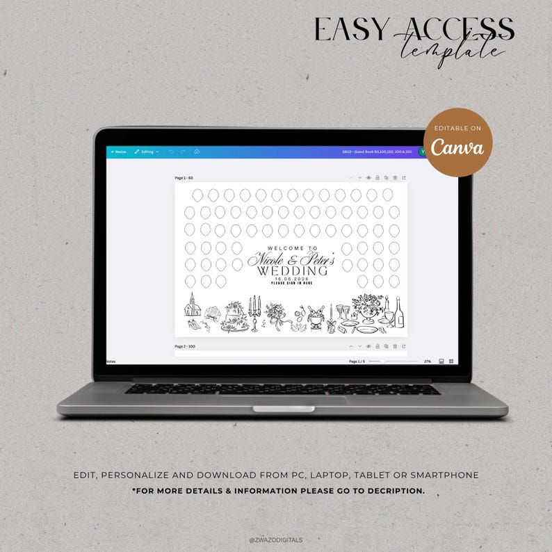 Pode incluir: Um laptop exibe um modelo de casamento com uma grade de c&iacute;rculos e ilustra&ccedil;&otilde;es decorativas. O texto "WELCOME TO Nicole & Peter's WEDDING" est&aacute; centralizado. As palavras "EASY ACCESS template" e "EDITABLE ON Canva" tamb&eacute;m s&atilde;o vis&iacute;veis.