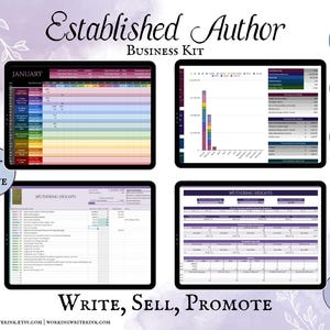 May include: A digital business kit for established authors, featuring four tools: a calendar, a spreadsheet, a chart, and a writing tracker. The kit is designed to help authors write, sell, and promote their books. The kit is available for instant digital download.