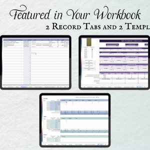 May include: A digital workbook with two record tabs and two templates. The workbook features a purple and gray color scheme and includes a record tab for "Wuthering Heights" and a template for "Track Your Sales for the Next Week".