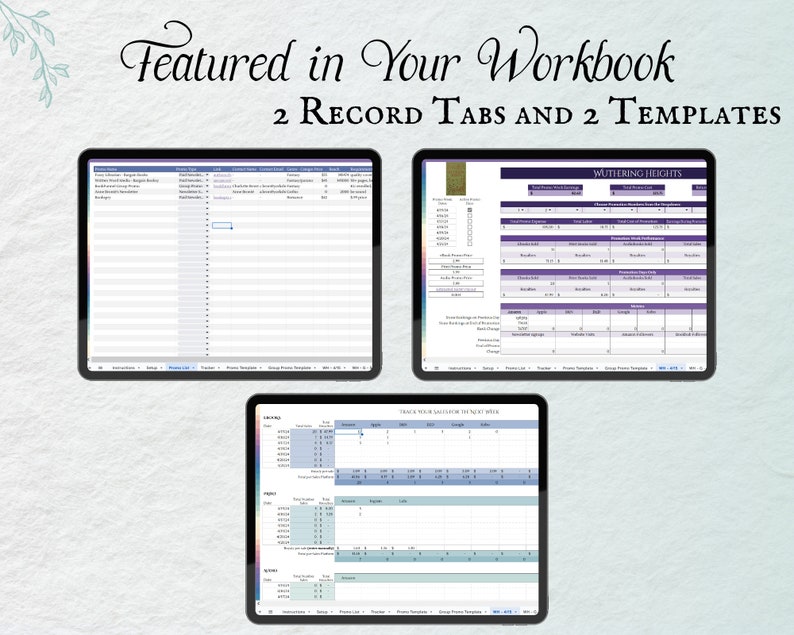 May include: A digital workbook with two record tabs and two templates. The workbook features a purple and gray color scheme and includes a record tab for "Wuthering Heights" and a template for "Track Your Sales for the Next Week".
