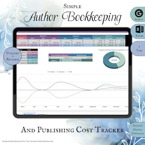 Könnte beinhalten: Eine digitale Tabellenvorlage für Autoren, um ihre Buchpublikationskosten und -einnahmen zu verfolgen. Die Tabelle enthält ein Liniendiagramm, das Umsatz, Ausgaben und Gewinn im Zeitverlauf zeigt. Die Tabelle enthält auch ein Kreisdiagramm, das den Fortschritt der Deckung der Produktionskosten zeigt. Die Tabelle ist mit "Einfache Autorenbuchhaltung und Veröffentlichungskostenverfolgung" beschriftet.