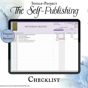 Op de afbeelding: Een digitale checklist voor het zelf publiceren van een boek. De checklist heeft de titel "The Self-Publishing Checklist" en bevat een sectie voor "Wuthering Heights". De checklist bevat een dropdown-menu voor de status, een kolom voor vervaldagen, dagen tot voltooiing, voltooiingsdata en notities.