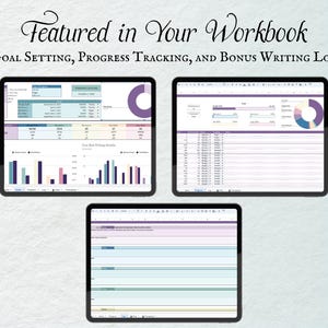 May include: Three screenshots of a computer screen showing a workbook with charts and graphs for goal setting, progress tracking, and writing. The workbook includes a writing log, a progress tracker, and a goal setting section. The workbook is designed to help users track their progress and stay motivated.