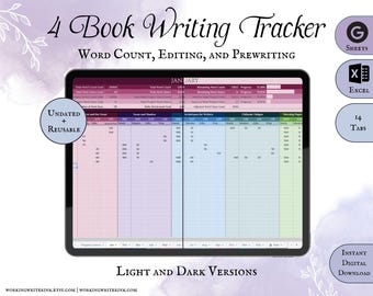 Four Book Word Count Tracker - Multiple Projects Spreadsheet with Writing, Editing, and Prep Hours Tracked for Productive Authors