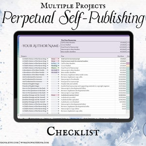May include: A digital checklist for self-publishing multiple projects. The checklist includes tasks such as calling for beta readers, drafting a cover, and finalizing the manuscript. The checklist is organized by project and includes due dates for each task.