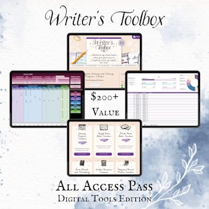 以下が含まれることがあります： 「ライターズ・ツールボックス」と呼ばれる、200ドル以上の価値がある作家向けのデジタル製品バンドルです。このバンドルには、ライティングの進捗状況トラッカー、本のアイデアトラッカーなど、さまざまなデジタルツールが含まれています。画像には、タブレット、ラップトップ、スマートフォンなど、さまざまなデバイス上のさまざまなデジタルツールが表示されています。