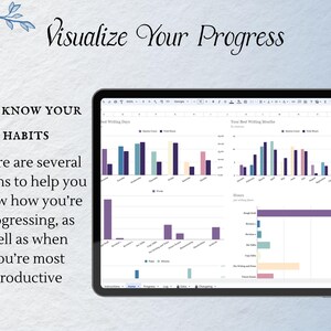 May include: A screenshot of a computer screen showing a spreadsheet with several graphs. The graphs are titled "Best Writing Days", "Your Best Writing Months", "Hours", and "Days". The graphs show data about writing habits, such as the number of words written per day and the number of hours spent writing per day.
