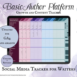 May include: A digital download of a social media tracker for writers. The tracker is in an Excel spreadsheet format with 12 tabs and is updated for GA4 and Amazon. The tracker is designed to help writers track their monthly social media metrics, including subscriber growth, engagement, and website traffic.