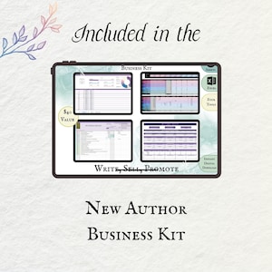 May include: A digital business kit for new authors, with a value of $40. The kit includes four tools, including spreadsheets, charts, and digital downloads. The kit is designed to help authors write, sell, and promote their books.