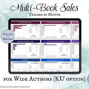 Puede incluir: Una descarga digital de una hoja de cálculo para realizar un seguimiento de las ventas de varios libros por mes. La hoja de cálculo incluye pestañas para cada título de libro, con columnas para las ventas, los ingresos y otras métricas. La hoja de cálculo está diseñada para autores de amplia difusión que utilizan Kindle Unlimited.