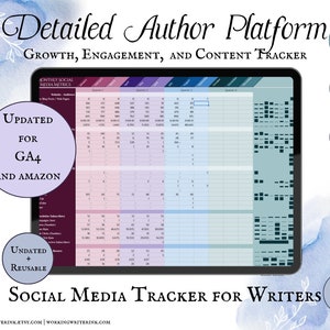 May include: A digital download of a social media tracker for writers. The spreadsheet is designed to track growth, engagement, and content for a writer's platform. The spreadsheet is updated for GA4 and Amazon. The spreadsheet is divided into 12 tabs and includes a variety of metrics, including website audience, blog posts, social media followers, and email subscribers.