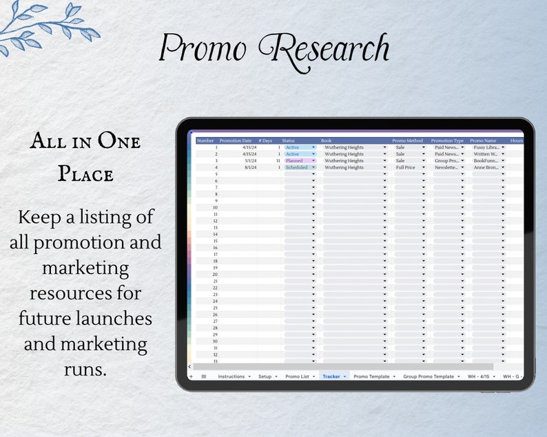 May include: A screenshot of a computer screen showing a spreadsheet with columns labeled "Number", "Promotion Date", "# Days", "Status", "Book", "Promo Method", "Promotion Type", "Promo Name", and "Notes". The spreadsheet is used to track promotions and marketing resources.