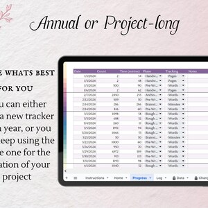 May include: A tablet screen displaying a spreadsheet with columns for date, count, time, phase, tracking, and notes. The spreadsheet is titled "Annual or Project-long". The text "Choose what's best for you" is displayed above the spreadsheet. The text "You can either start a new tracker each year, or you can keep using the same one for the duration of your project" is displayed below the spreadsheet.