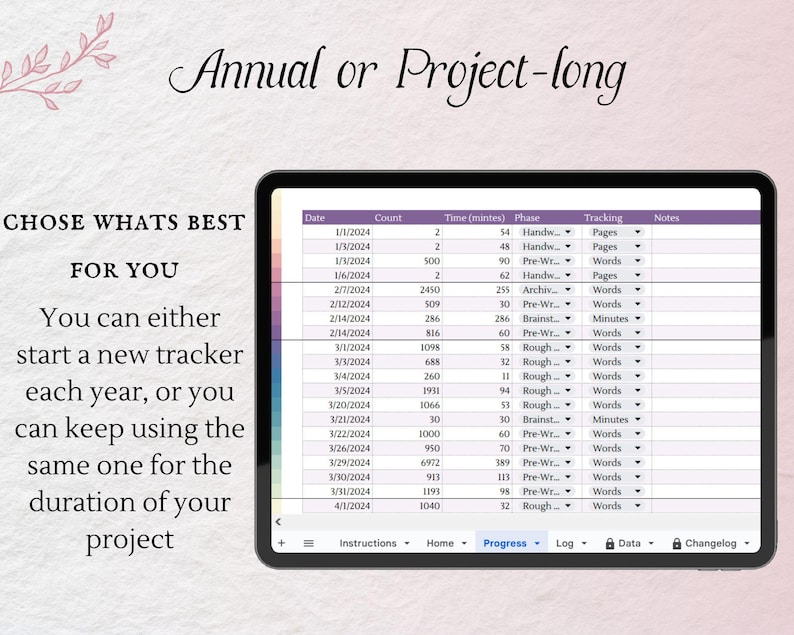 May include: A tablet screen displaying a spreadsheet with columns for date, count, time, phase, tracking, and notes. The spreadsheet is titled "Annual or Project-long". The text "Choose what's best for you" is displayed above the spreadsheet. The text "You can either start a new tracker each year, or you can keep using the same one for the duration of your project" is displayed below the spreadsheet.