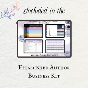 May include: A digital business kit for established authors, with a purple and gray color scheme. The kit includes spreadsheets, charts, and tools for writing, selling, and promoting books. The text "$50+ VALUE" and "WRITE, SELL, PROMOTE" are visible on the image.