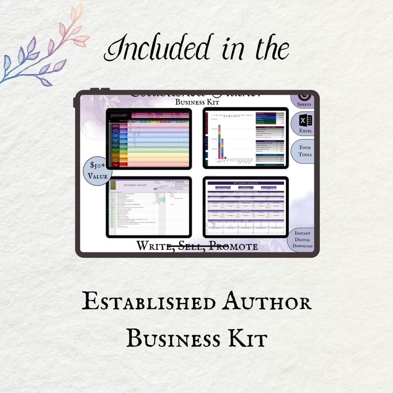 May include: A digital business kit for established authors, with a purple and gray color scheme. The kit includes spreadsheets, charts, and tools for writing, selling, and promoting books. The text "$50+ VALUE" and "WRITE, SELL, PROMOTE" are visible on the image.