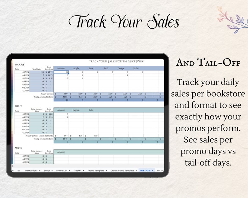 May include: A screenshot of a spreadsheet on a tablet screen with the title "Track Your Sales" and a section titled "Track Your Sales for the Next Week". The spreadsheet has columns for date, total sales, royalties, and different bookstores. The spreadsheet is used to track daily sales per bookstore and format to see exactly how promotions perform. The text "AND TAIL-OFF" is displayed in the upper right corner of the image.