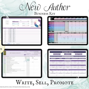 Può includere: Un kit aziendale digitale per nuovi autori, che include quattro strumenti: un foglio di calcolo, un grafico, un tracker di scrittura e un calendario di marketing. Il kit è disponibile per il download immediato e include il testo "Scrivere, vendere, promuovere".