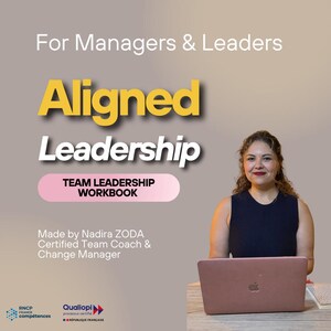 Peut inclure: Image avec le texte "Aligned Leadership" en jaune et blanc, avec "Team Leadership Workbook" en dessous. Une femme est assise à un bureau avec un ordinateur portable. Le texte "For Managers & Leaders" est en haut. Des logos et du texte sont également présents.