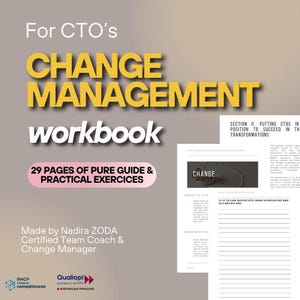 Peut inclure: Un cahier de travail intitulé "CHANGE MANAGEMENT" pour les CTO. La couverture présente un texte jaune gras sur fond gris. Le cahier comprend 29 pages de guide et d'exercices pratiques. Fait par Nadira ZODA, Coach d'équipe certifiée et Change Manager.