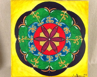 Original Mandala Painting on Canvas Yellow Wall Art 10 X 10