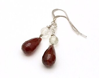 Ruby Teardrop Dangle Earrings, Pineapple Quartz Sterling Silver, Wire Wrapped Briolette Dark Red Stones, Forever in Style, Classic Boutique